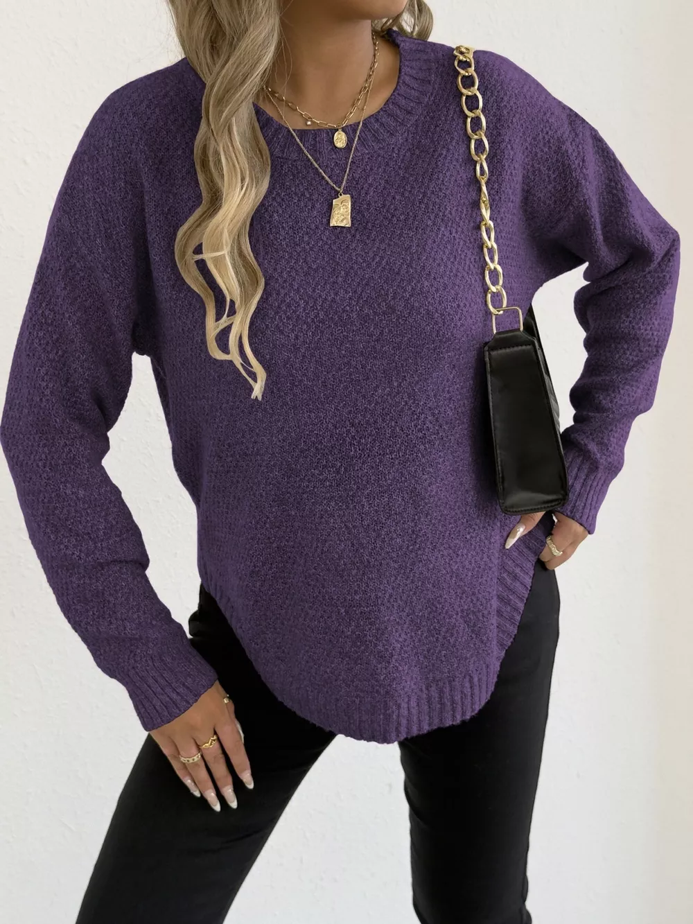 Textured Knit Relaxed Fit Round Neck Sweater, image 27