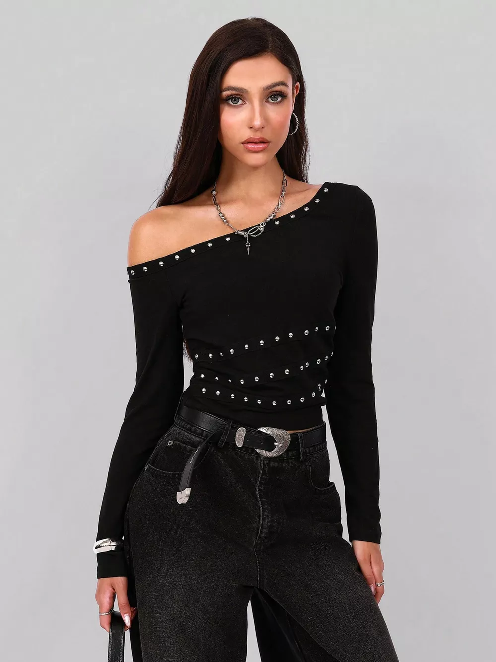 Studded One Shoulder Long Sleeve T-Shirt, image 6