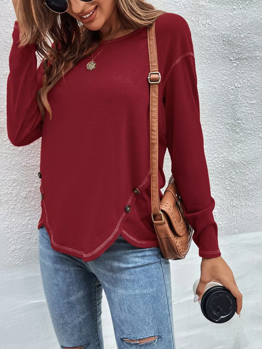 Casual Long Sleeve Exposed Seam T-Shirt with Decor Button, image 18
