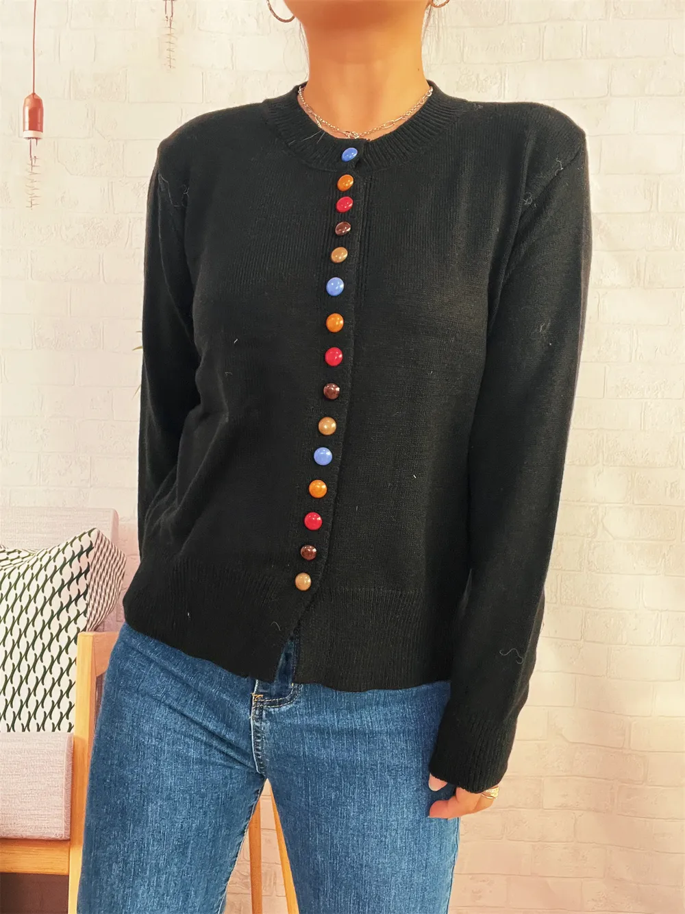 Button-Front Cardigan with Colorful Detail Buttons, image 14