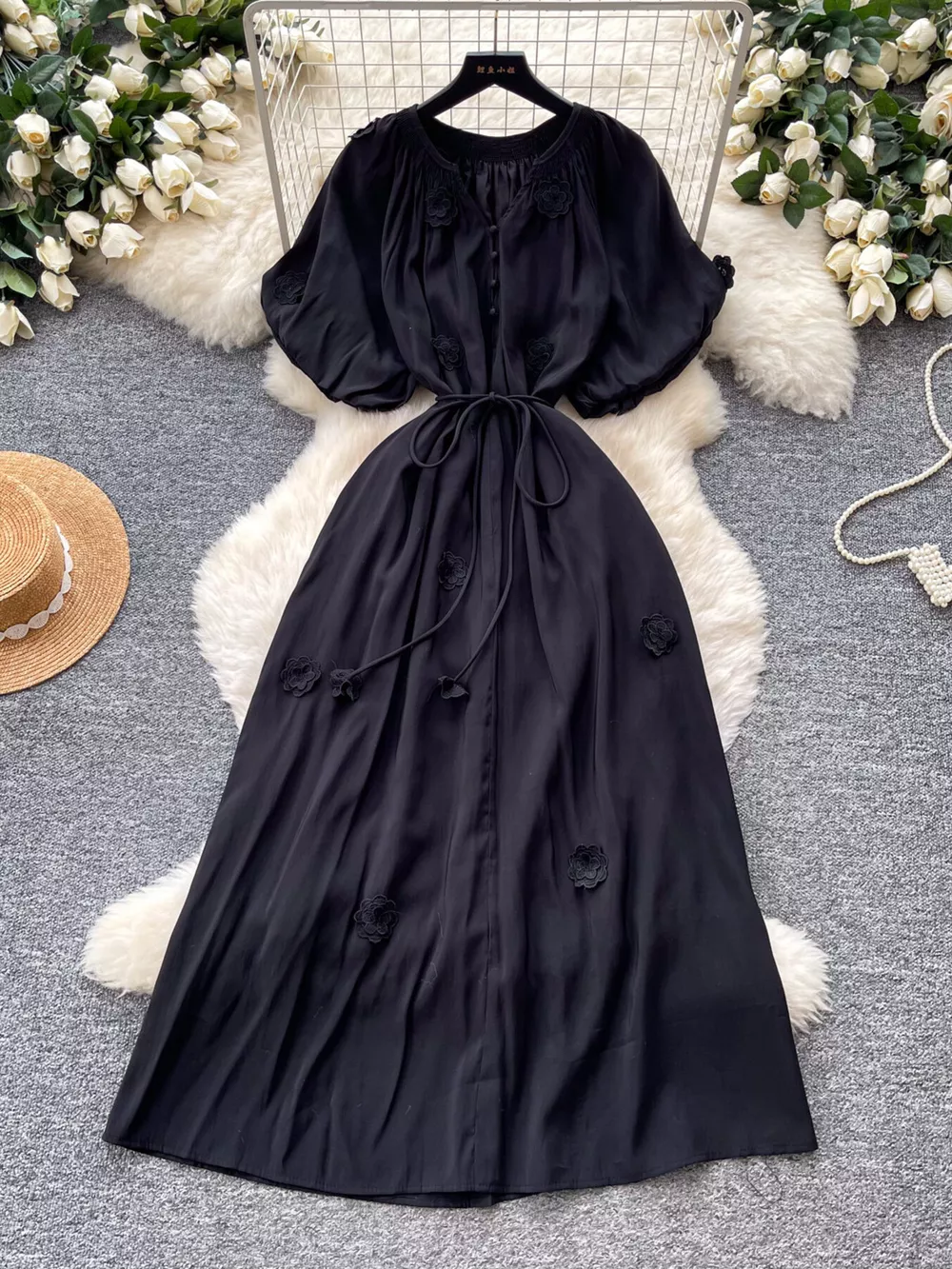 Floral Decor Tie Waist Puff Sleeve Dress, image 9