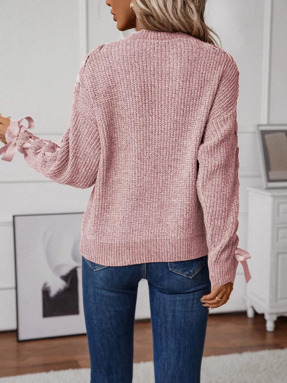 Ribbon-Tie Sleeve Round Neck Sweater, image 12