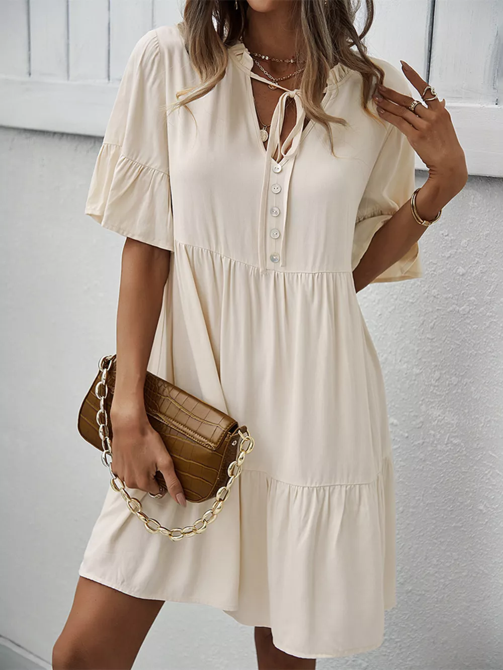 Boho Ruffle Sleeve Button Down Tiered Mini Dress, image 8