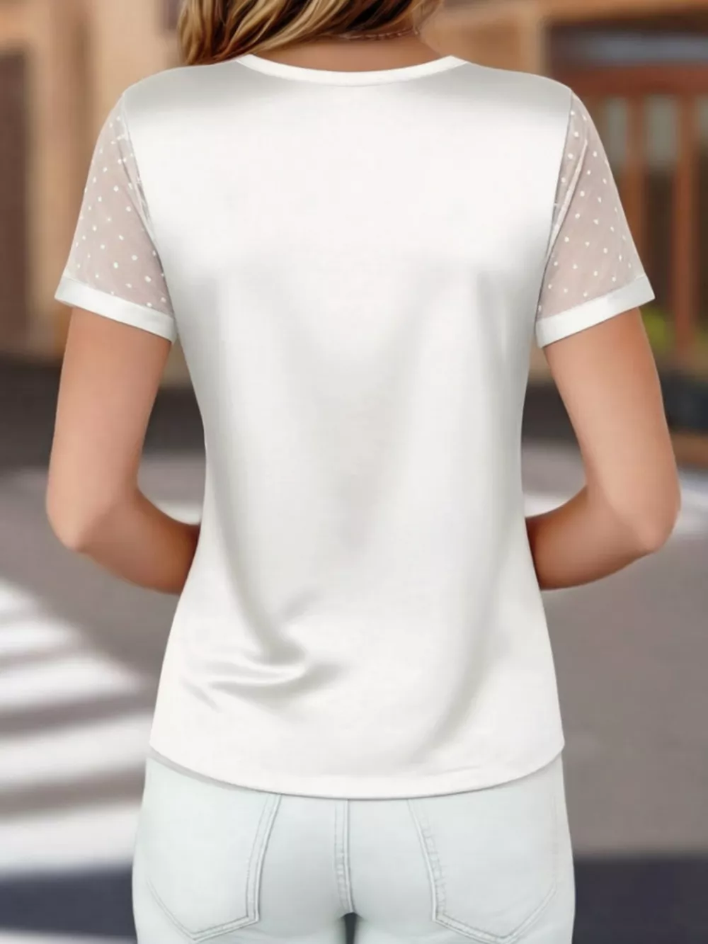 Satin V-Neck Sheer Short Sleeve Top, image 11