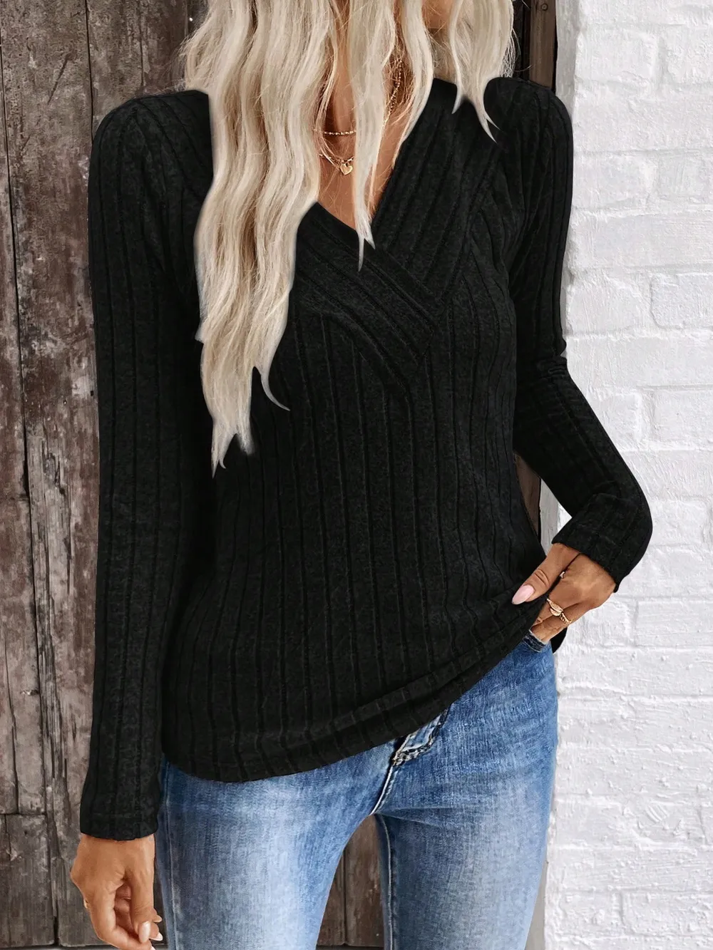 Ribbed V-Neck Long Sleeve Knit T-Shirt, image 13