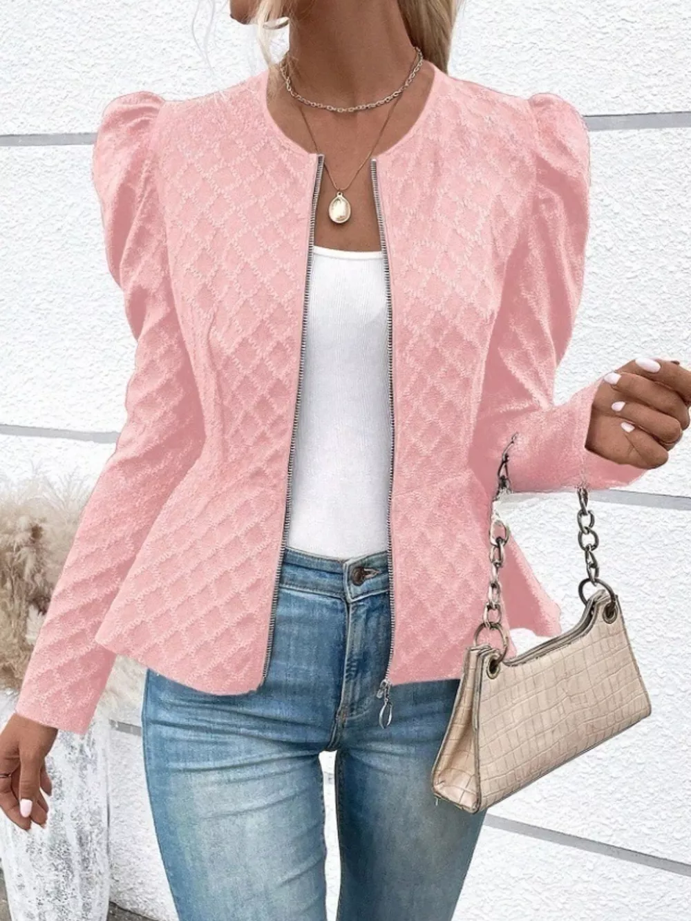 Puff Sleeve Textured Jacquard Jacket, image 4