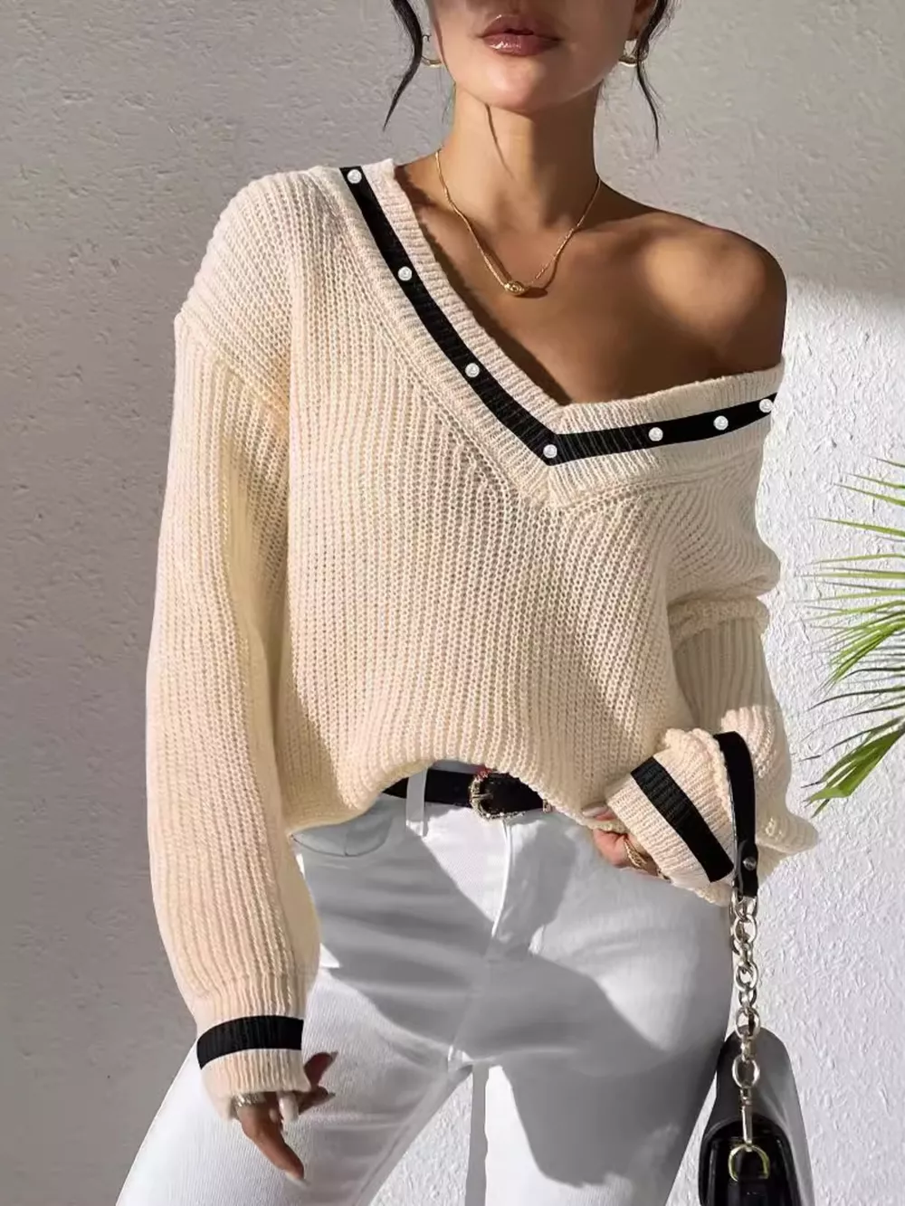V-Neck Contrast Trim Sweater with Pearl Decor