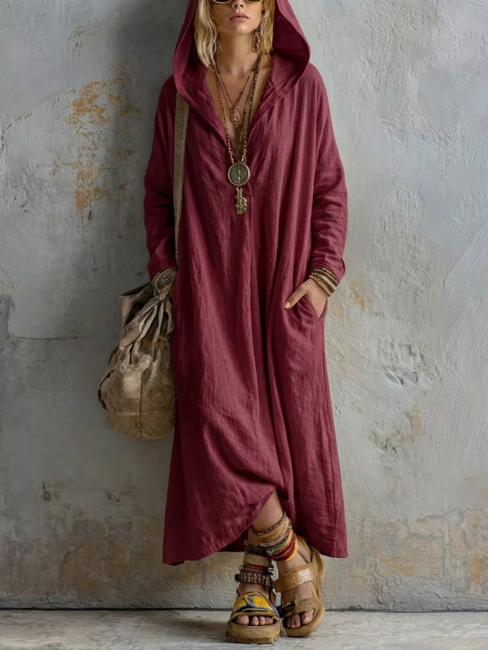 Long Sleeve Hooded Midi Dress with Pockets, image 5