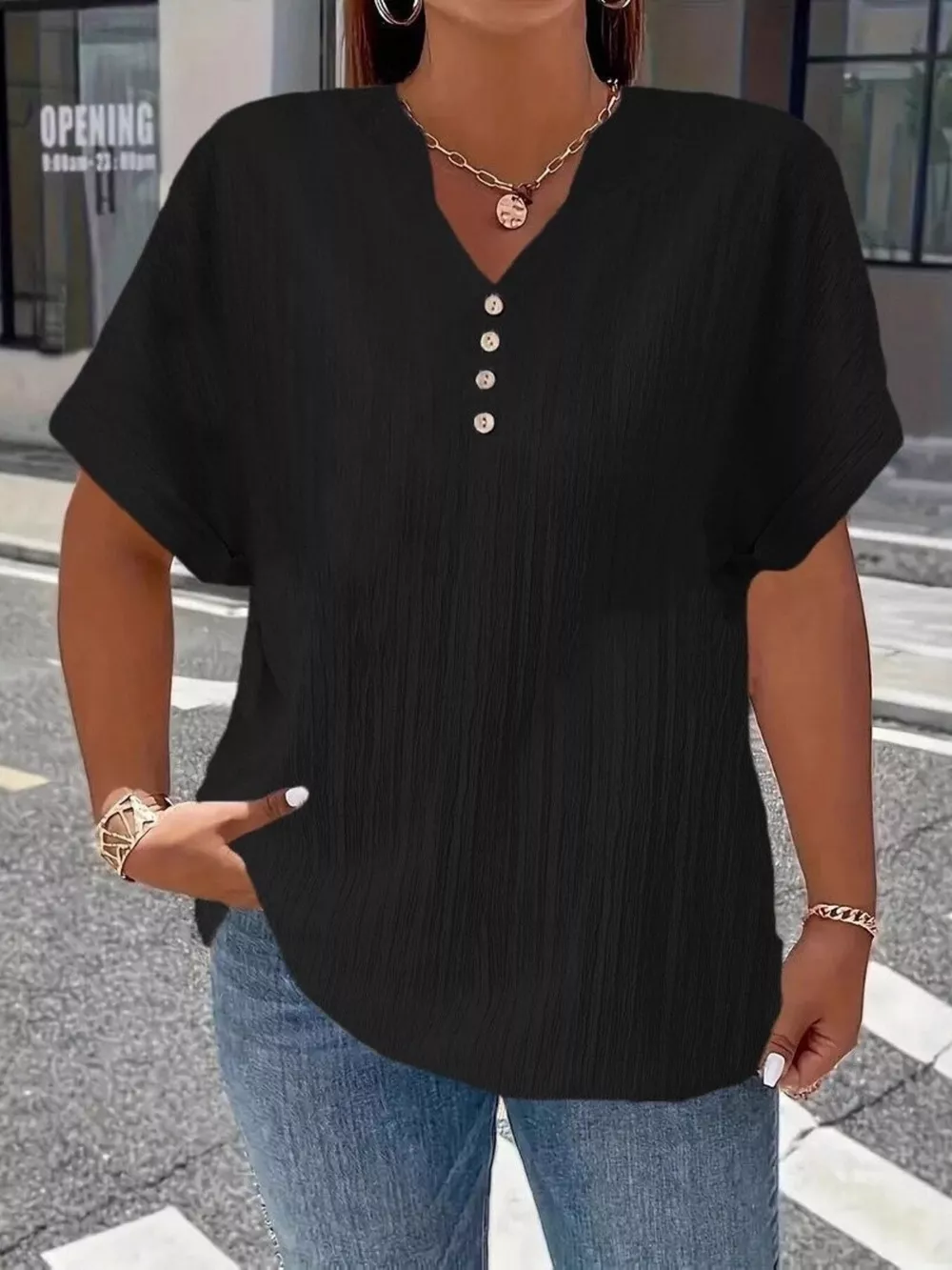 Plus Size Notched Short Sleeve Textured Top, image 4