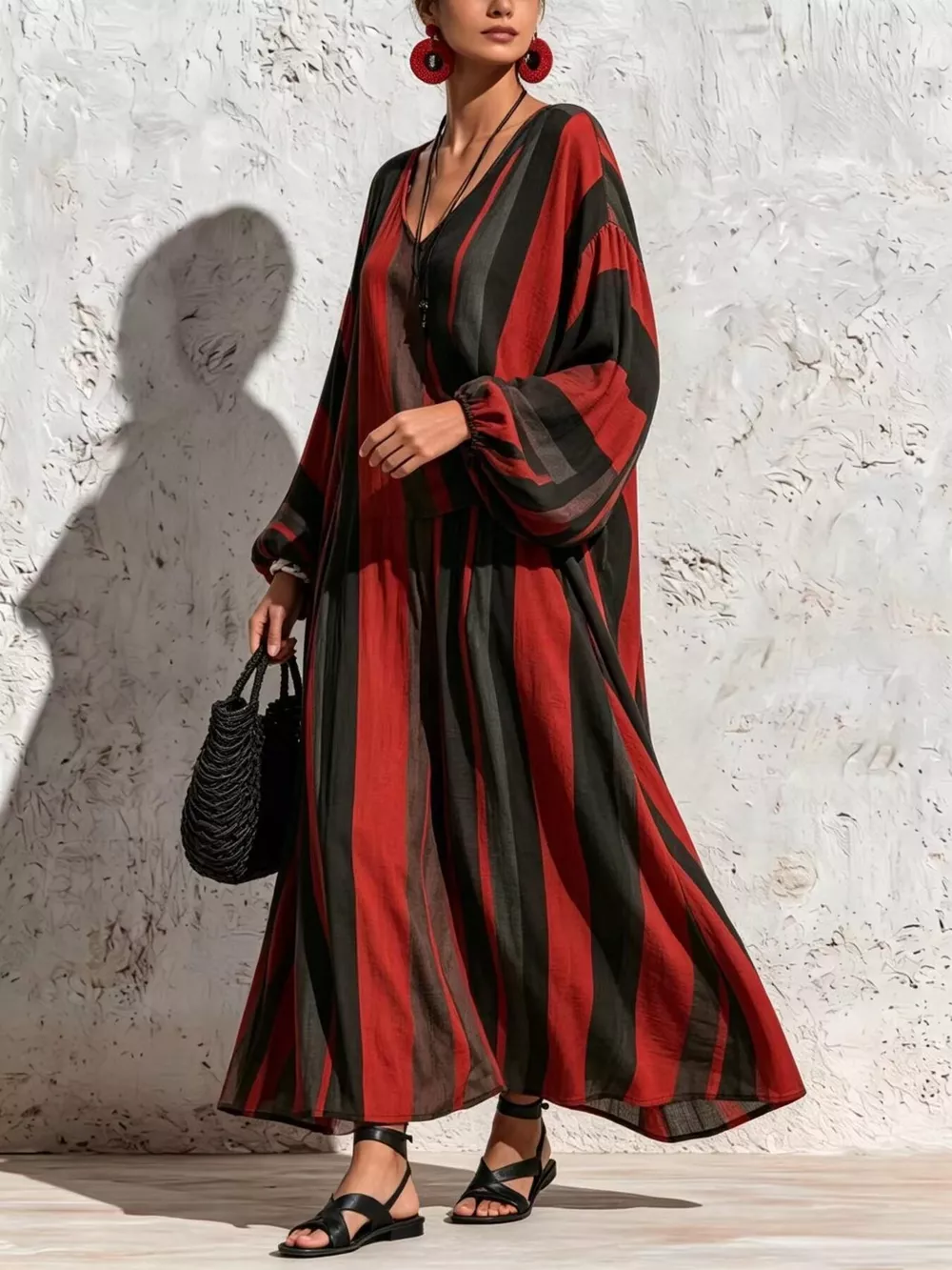 Bohemian Striped V-Neck Loose Top and Wide Leg Pants Set, image 2