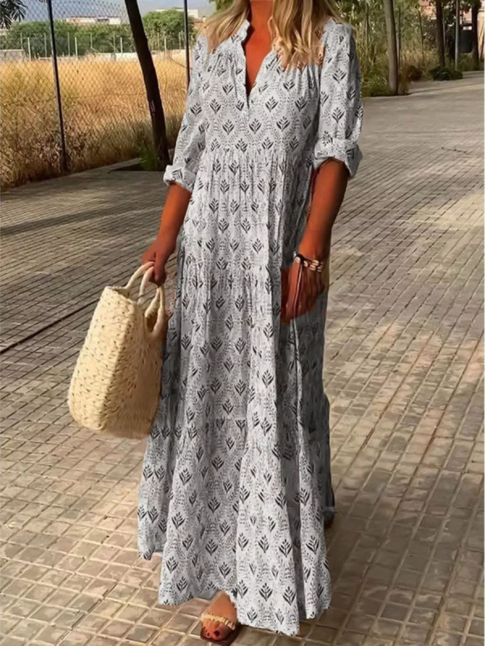 Full Size Printed Notched Tiered Maxi Dress Plus Size, image 3