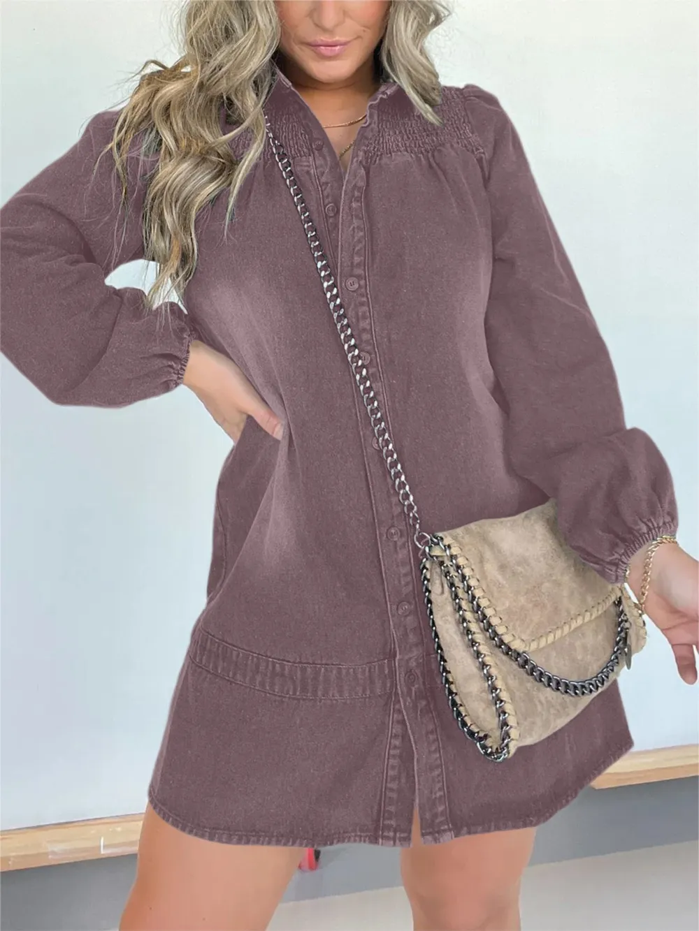 Full Size Button Front Long Sleeve Denim Dress Plus Size, image 12