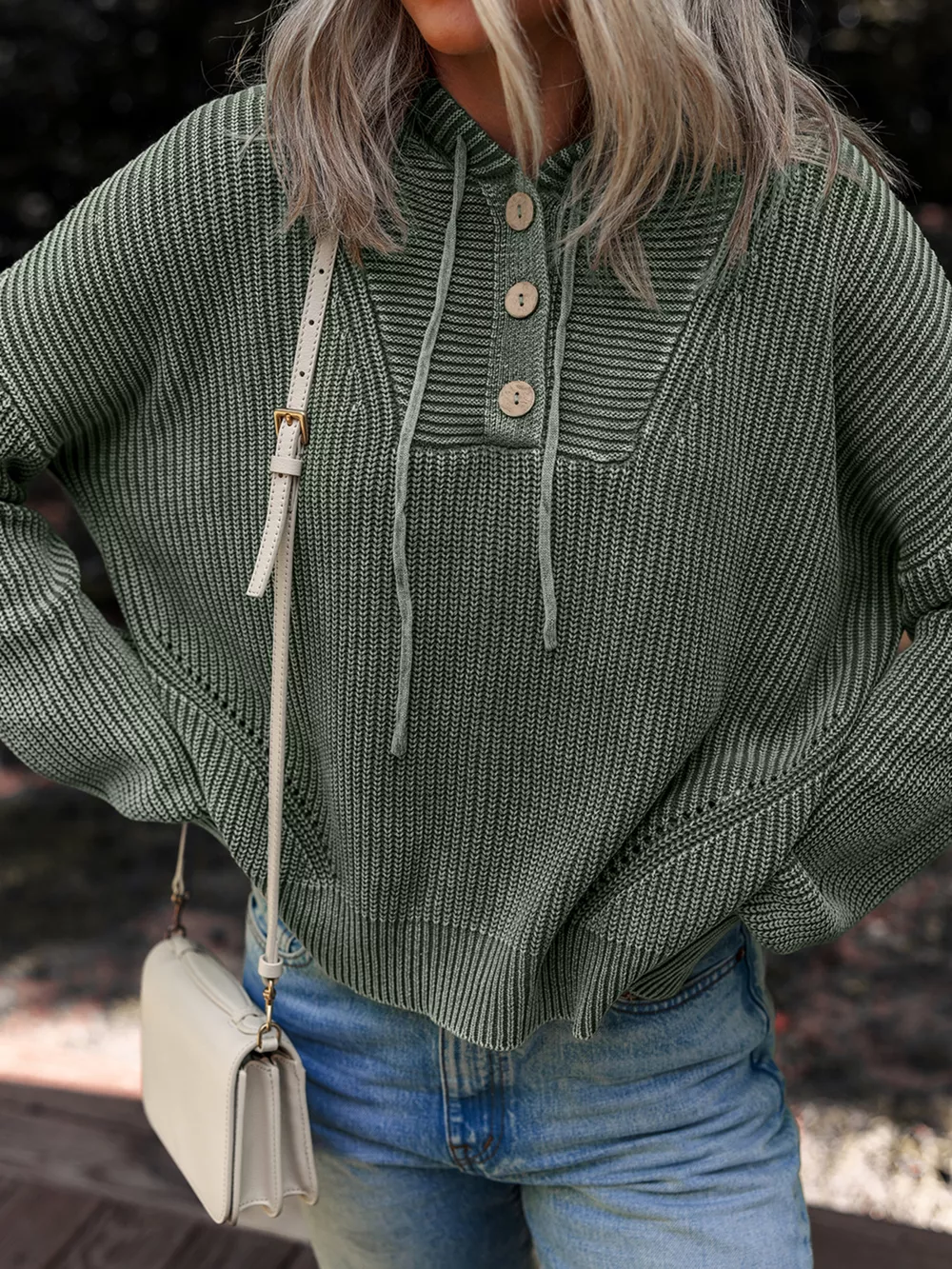 Mineral Wash Ribbed Knit Button Drawstring Neck Hooded Sweater, image 6