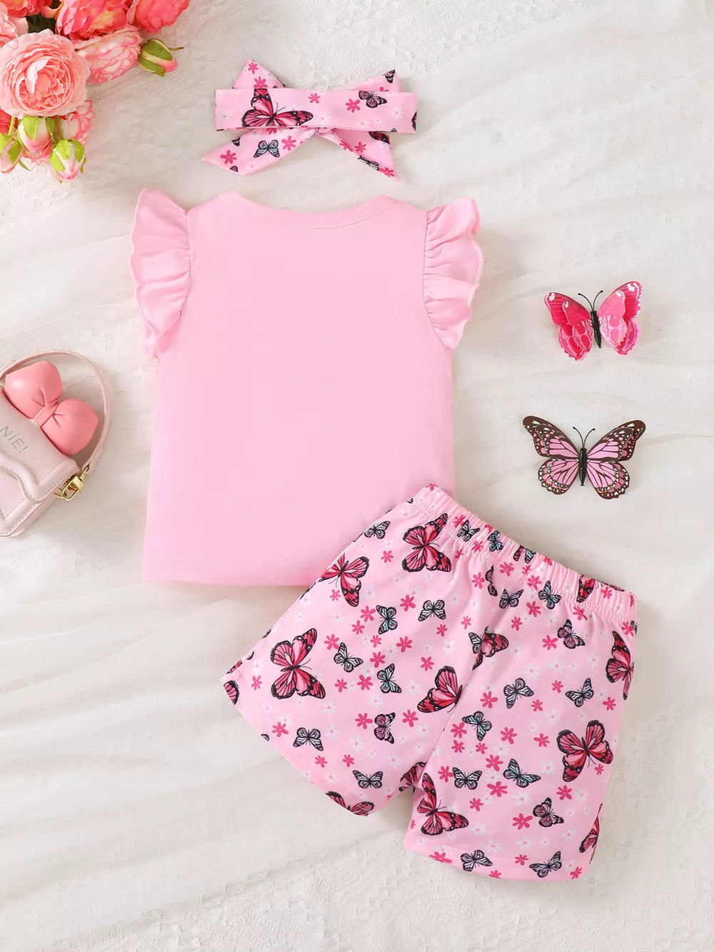 Children's Ruffled Butterfly T-Shirt and Shorts Set with Headband, image 8