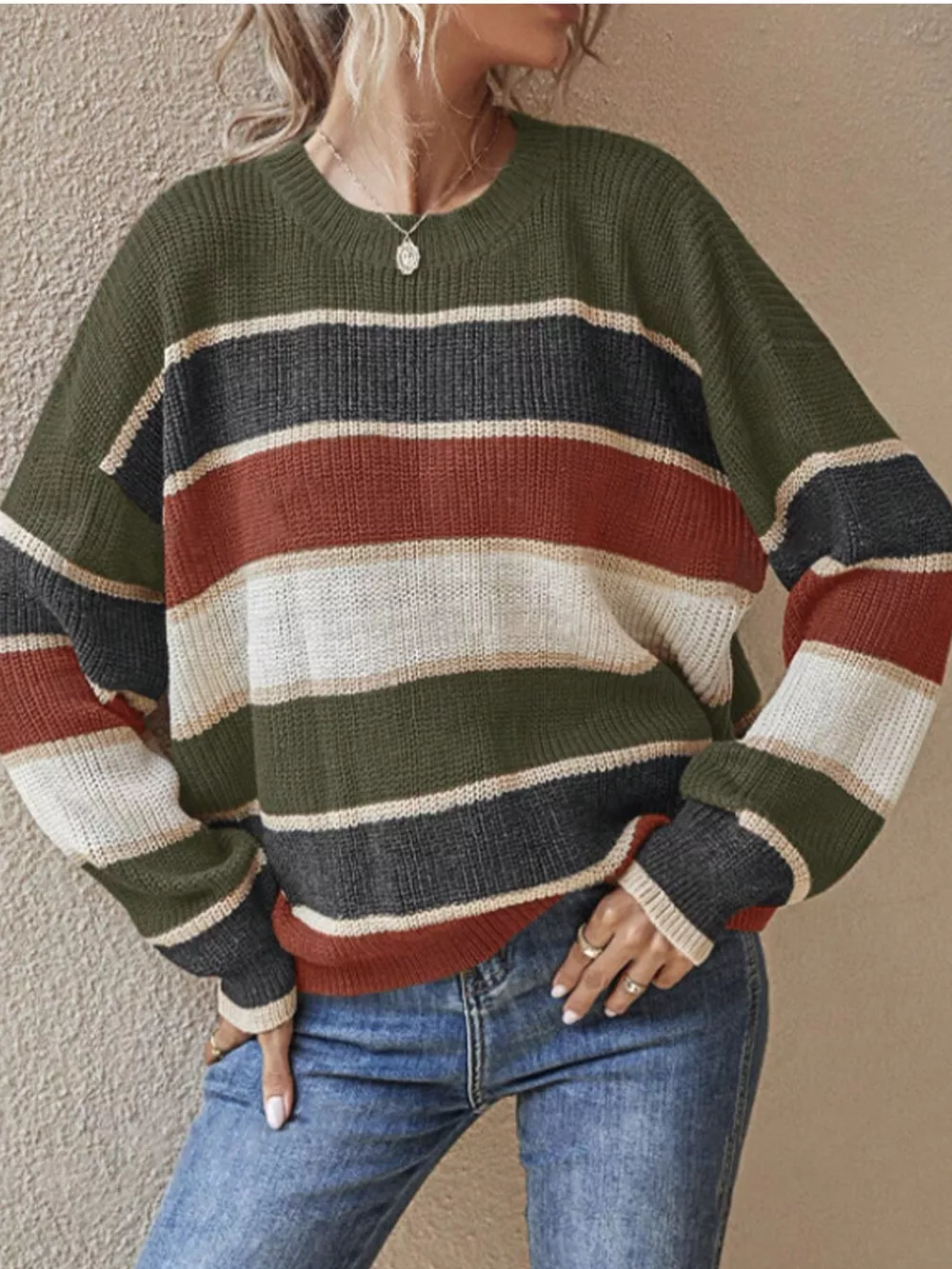 Color Block Striped Crew Neck Sweater, image 10