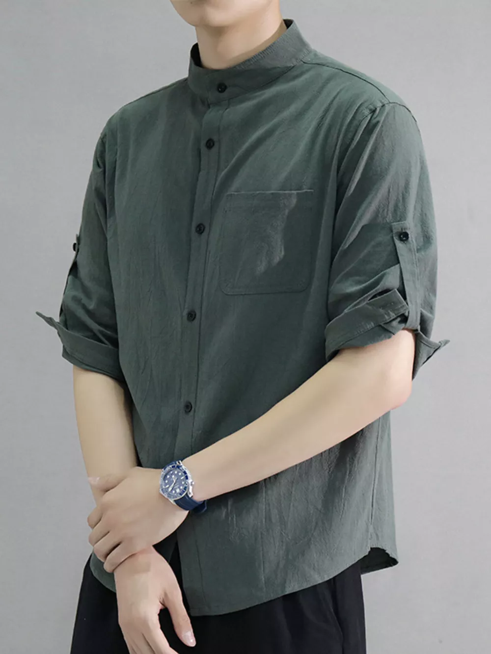 Men's Plus Size Button Up Roll-Up Sleeve Shirt, image 3