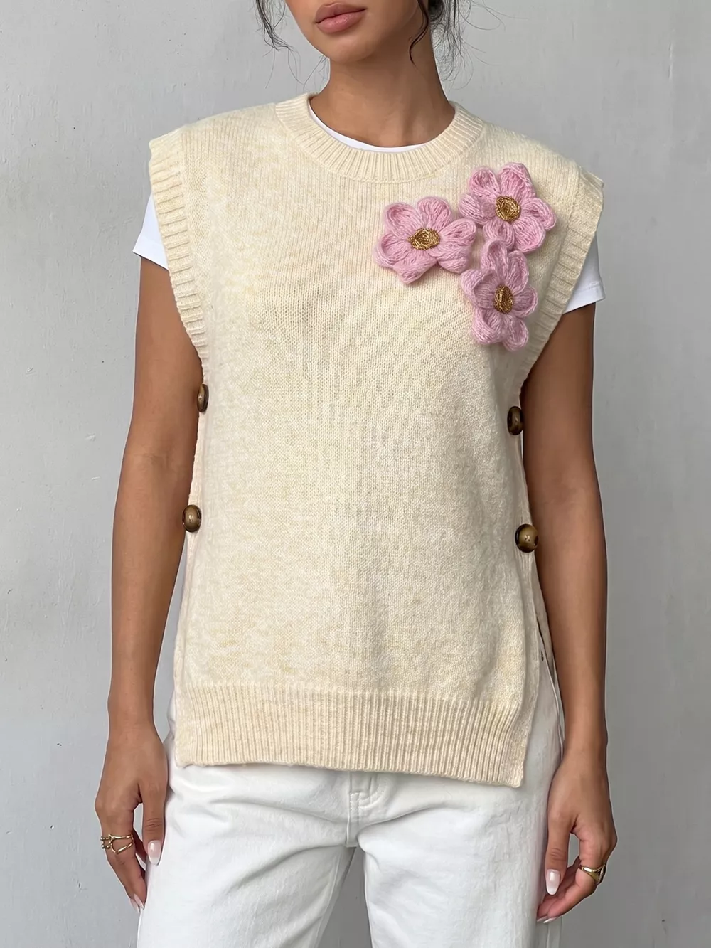 Side Button Sweater Vest with 3D Floral Appliques, image 7