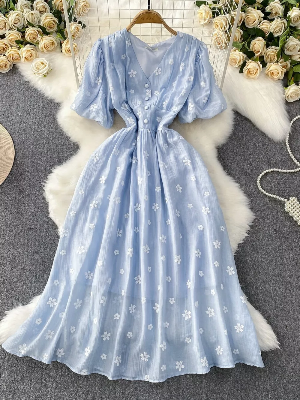 Floral Puff Sleeve A-Line Midi Dress, image 2