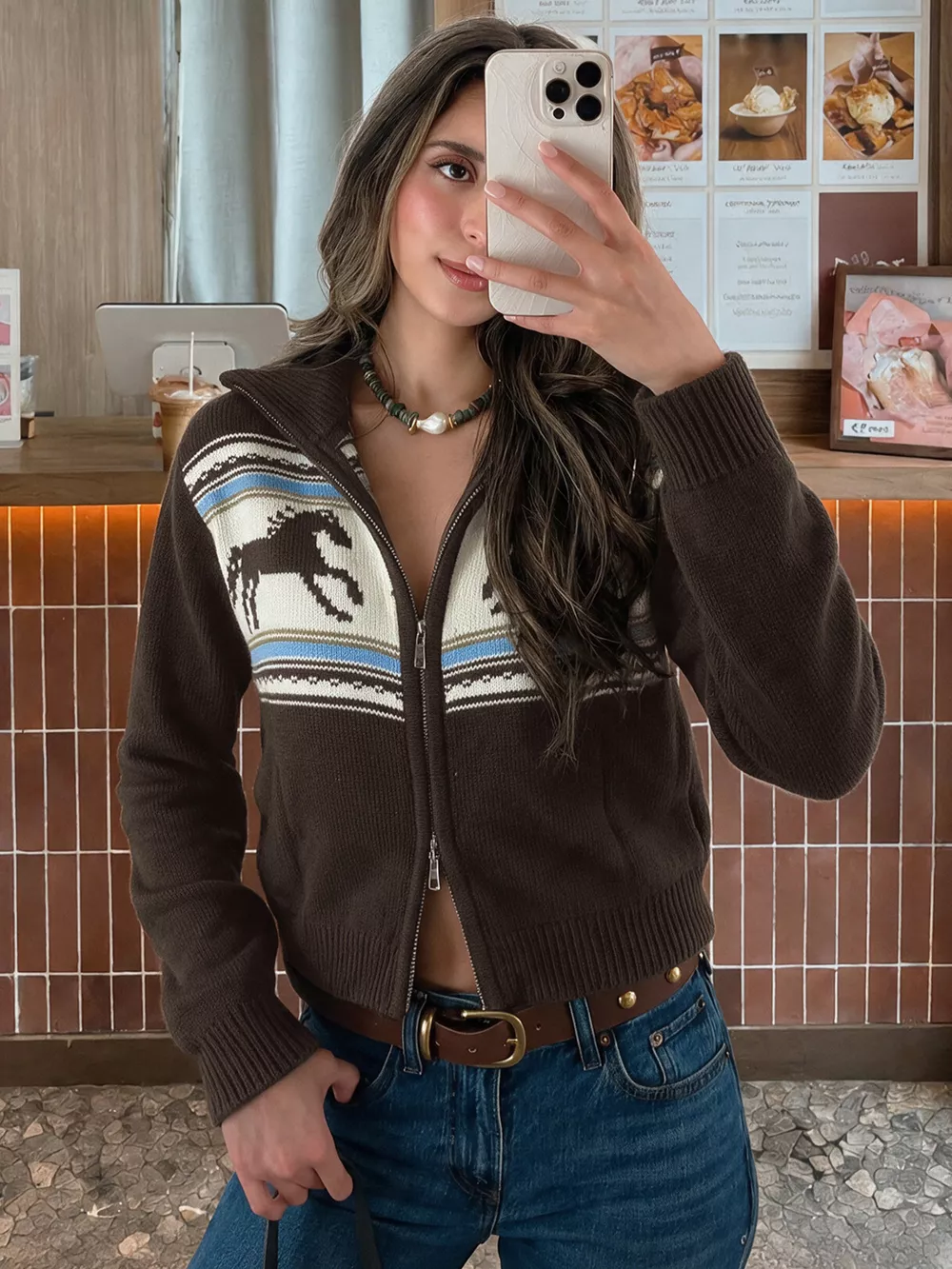 Horse Zip Up Mock Neck Cardigan, image 2
