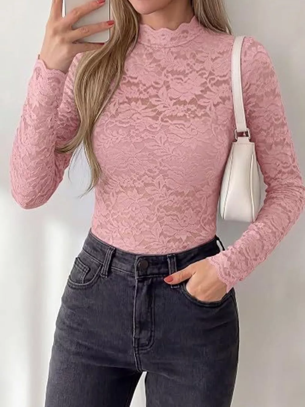 Mock Neck Floral Lace Long Sleeve Blouse, image 19
