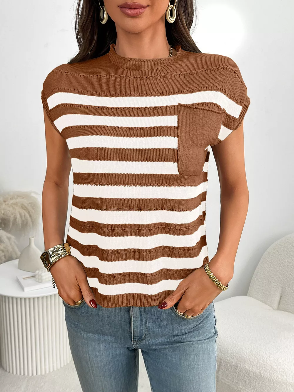 Striped Knit Pocket Detail Cap Sleeve Sweater, image 14