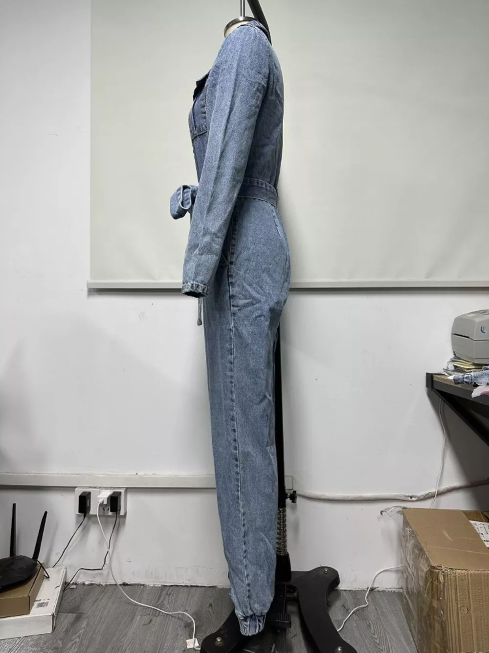 Long Sleeve Button-Up Denim Jumpsuit with Belted Waist and Elastic Cuffs, image 5
