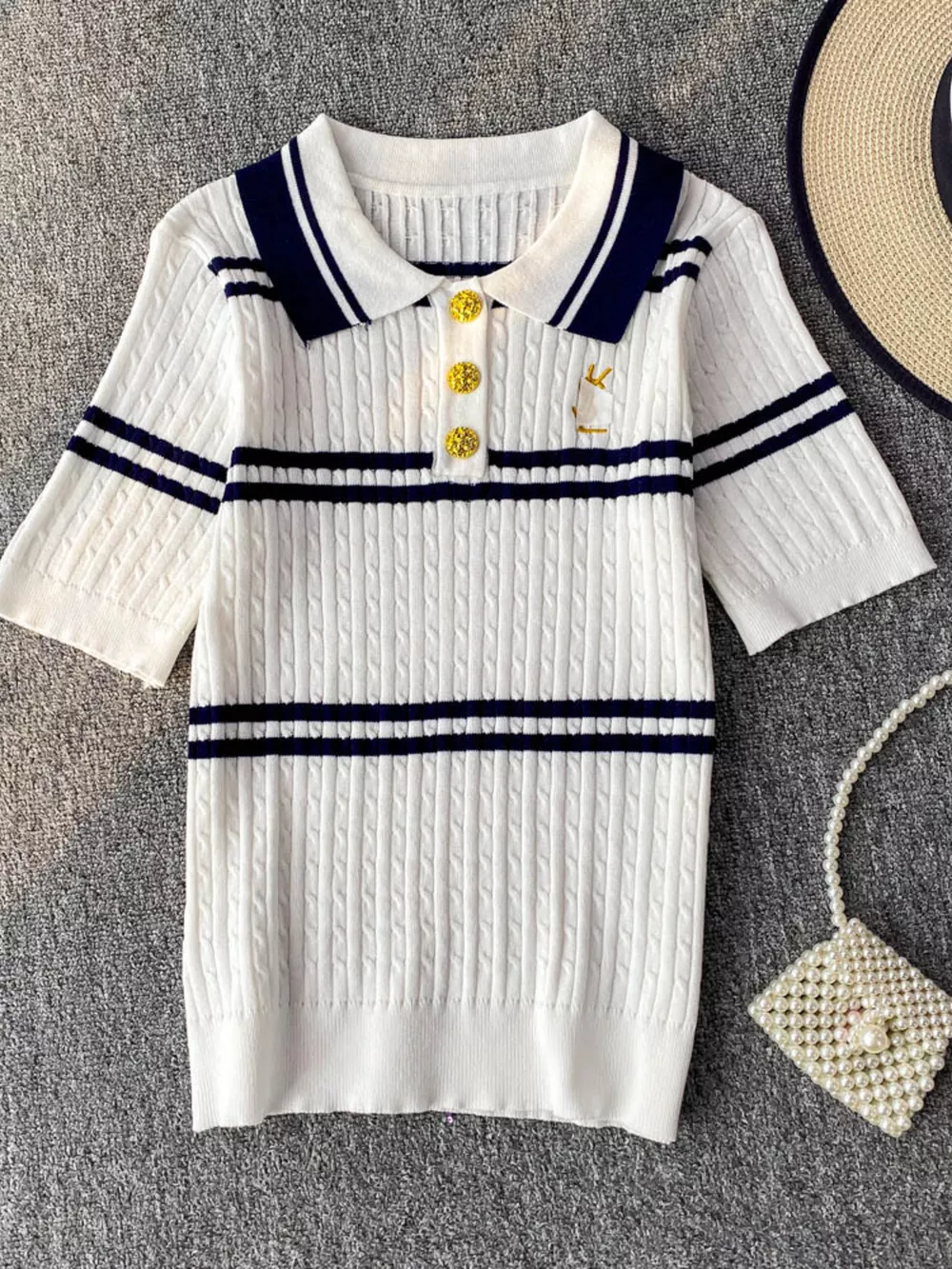Striped Knit Polo Collar Top, image 5
