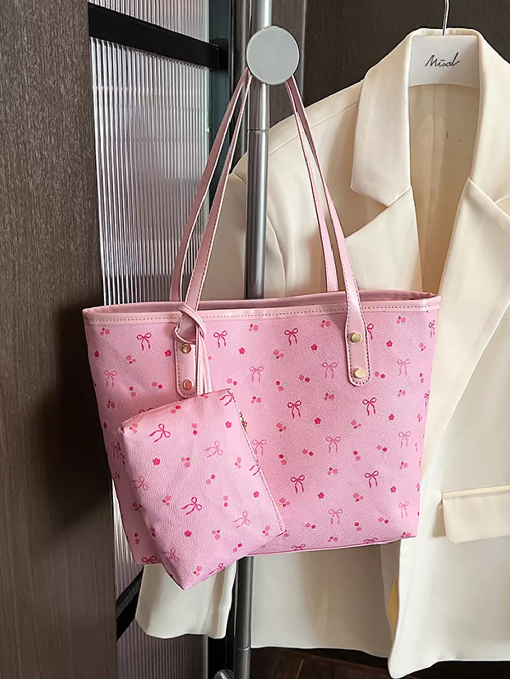 Printed Tote Shoulder Bag with Pouch, image 5