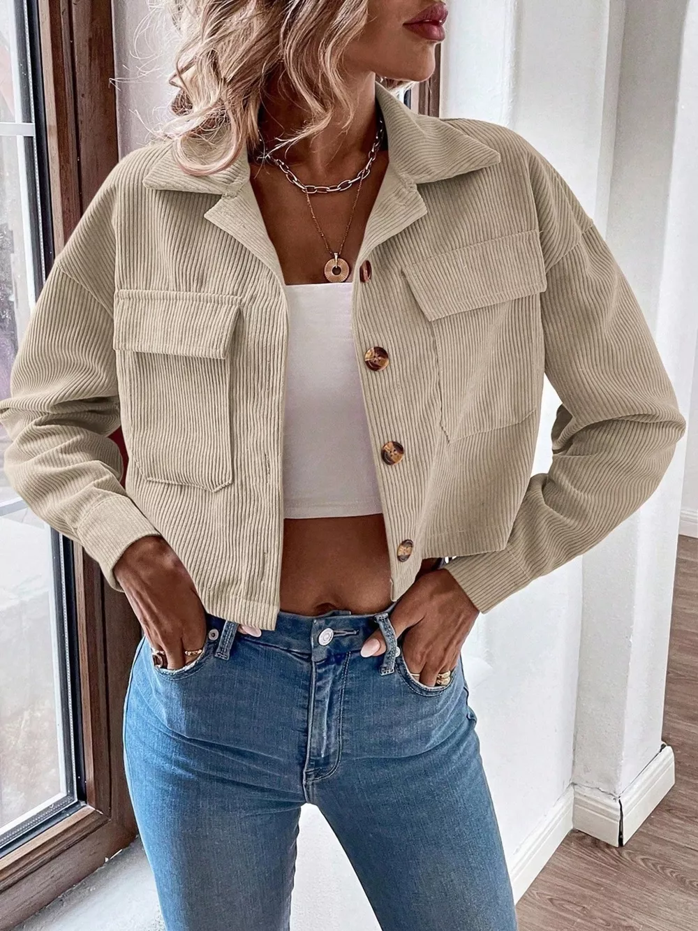 Cropped Corduroy Button-Down Jacket, image 6