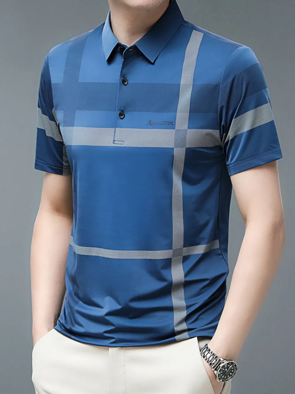Men's Plus Size Geometric Striped Short Sleeve Polo, image 6