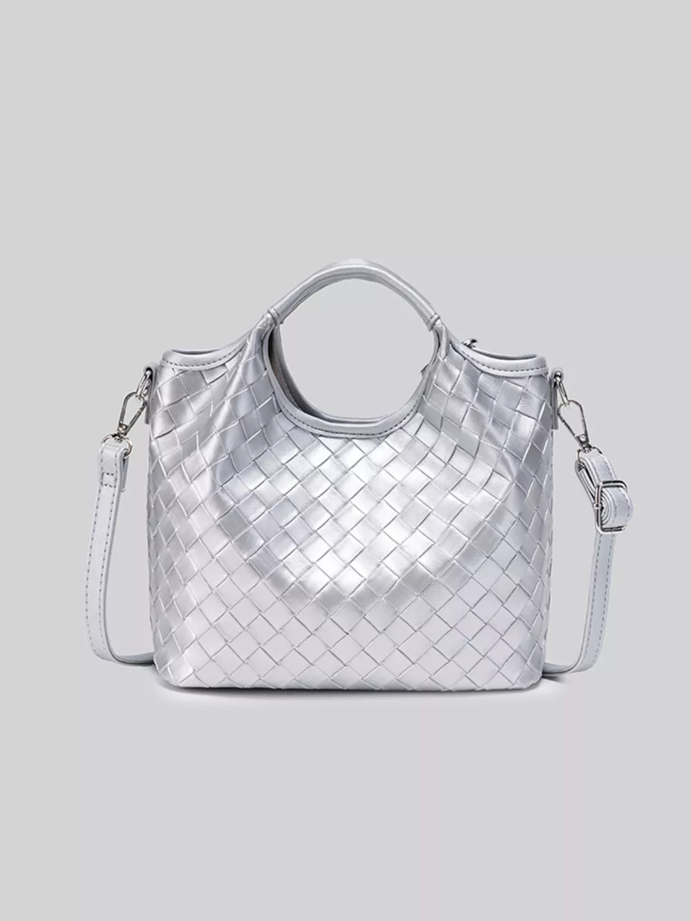 Metallic Woven Shoulder Bag with Cute Plush Bear Charm, image 7