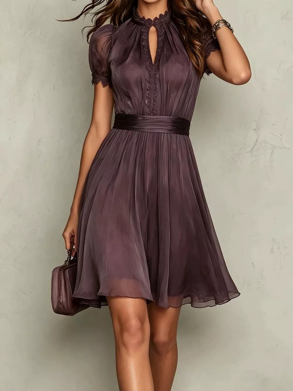Full Size Lace Trim Puff Sleeve A-Line Dress Plus Size, image 2
