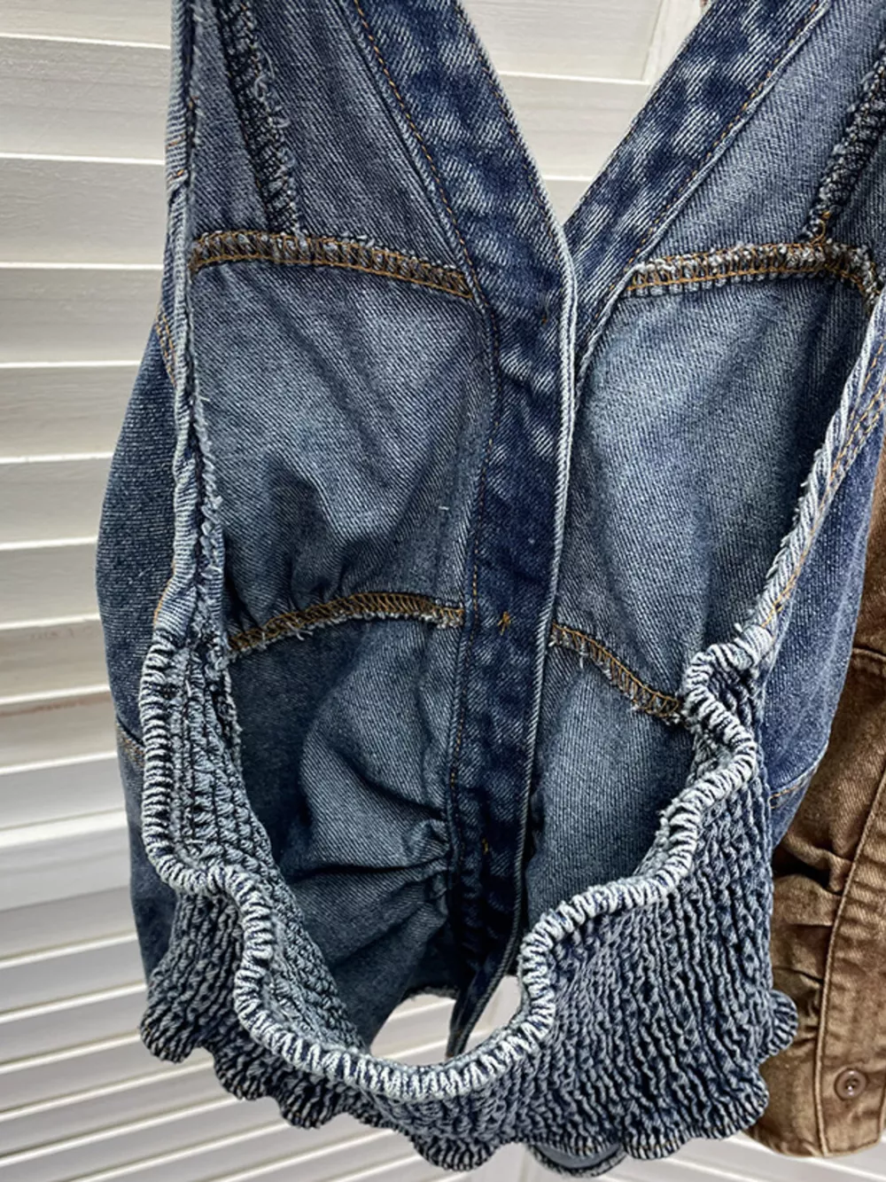 Smocked Denim Halter Collar Top, image 5