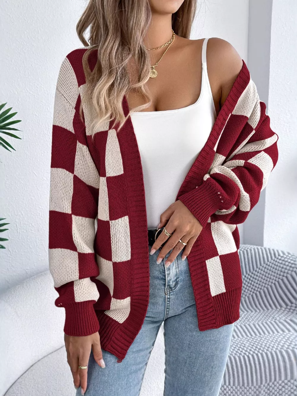Checkerboard Pattern Open Front Knit Cardigan, image 10