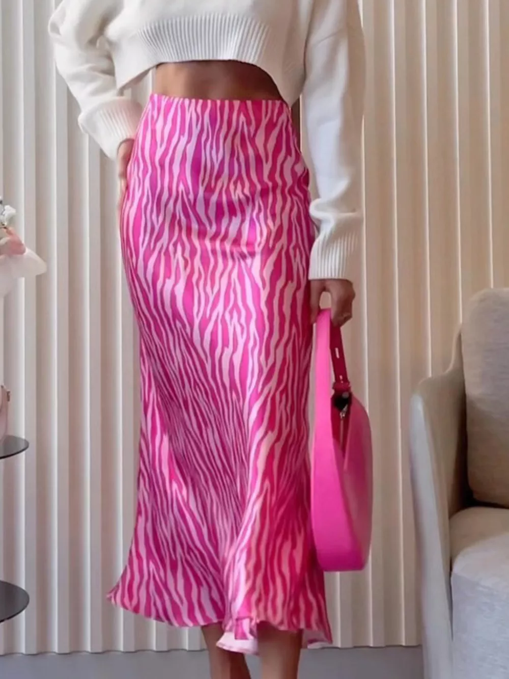 Satin Zebra Print Midi Skirt, image 6