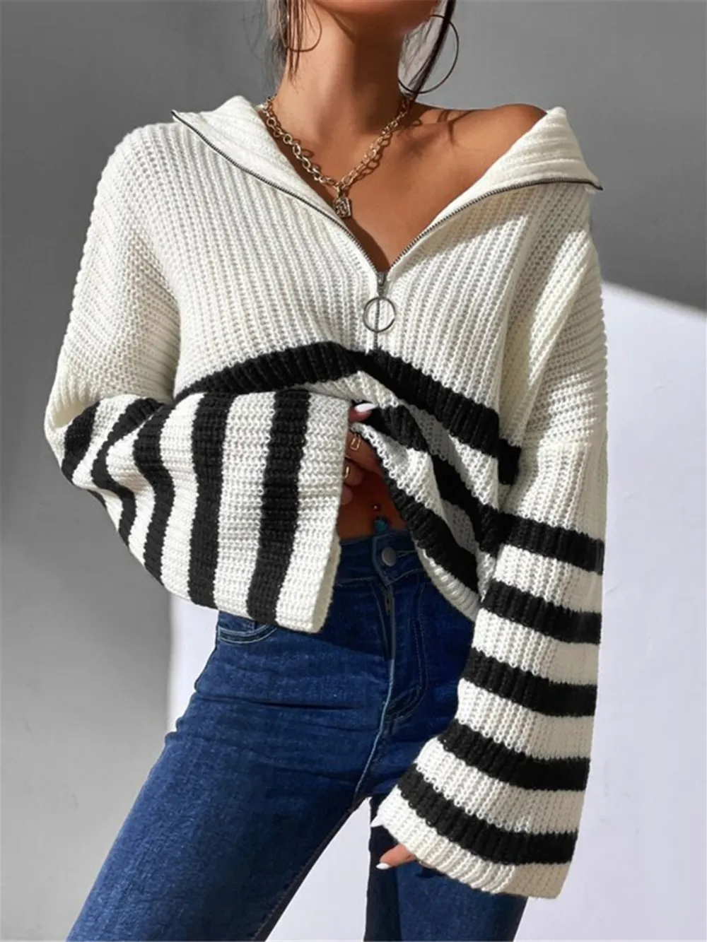 Striped Half Zip Cropped Sweater, image 6