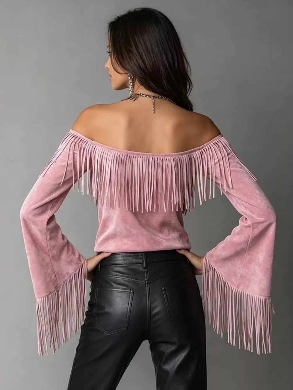 Boho Chic Off-Shoulder Fringed Suede Top, image 2