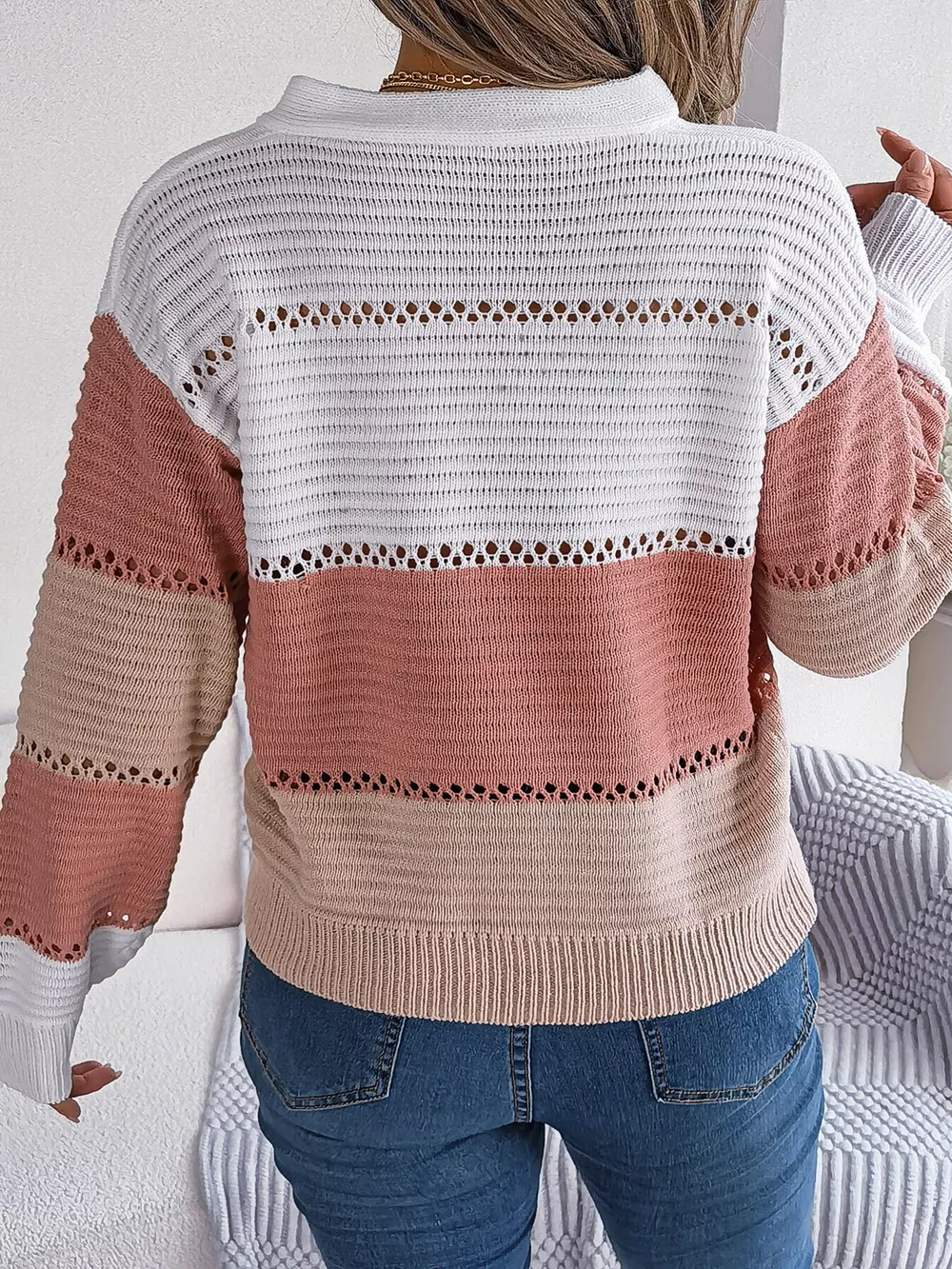 Color Block Striped V-Neck Button Detail Sweater, image 14