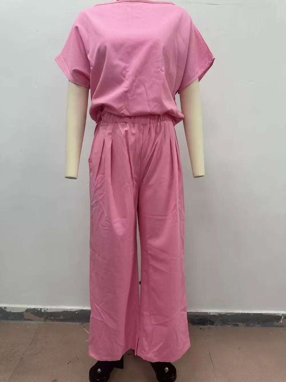 Full Size Solid Color Top and Wide-Leg Pants Set Plus Size, image 2