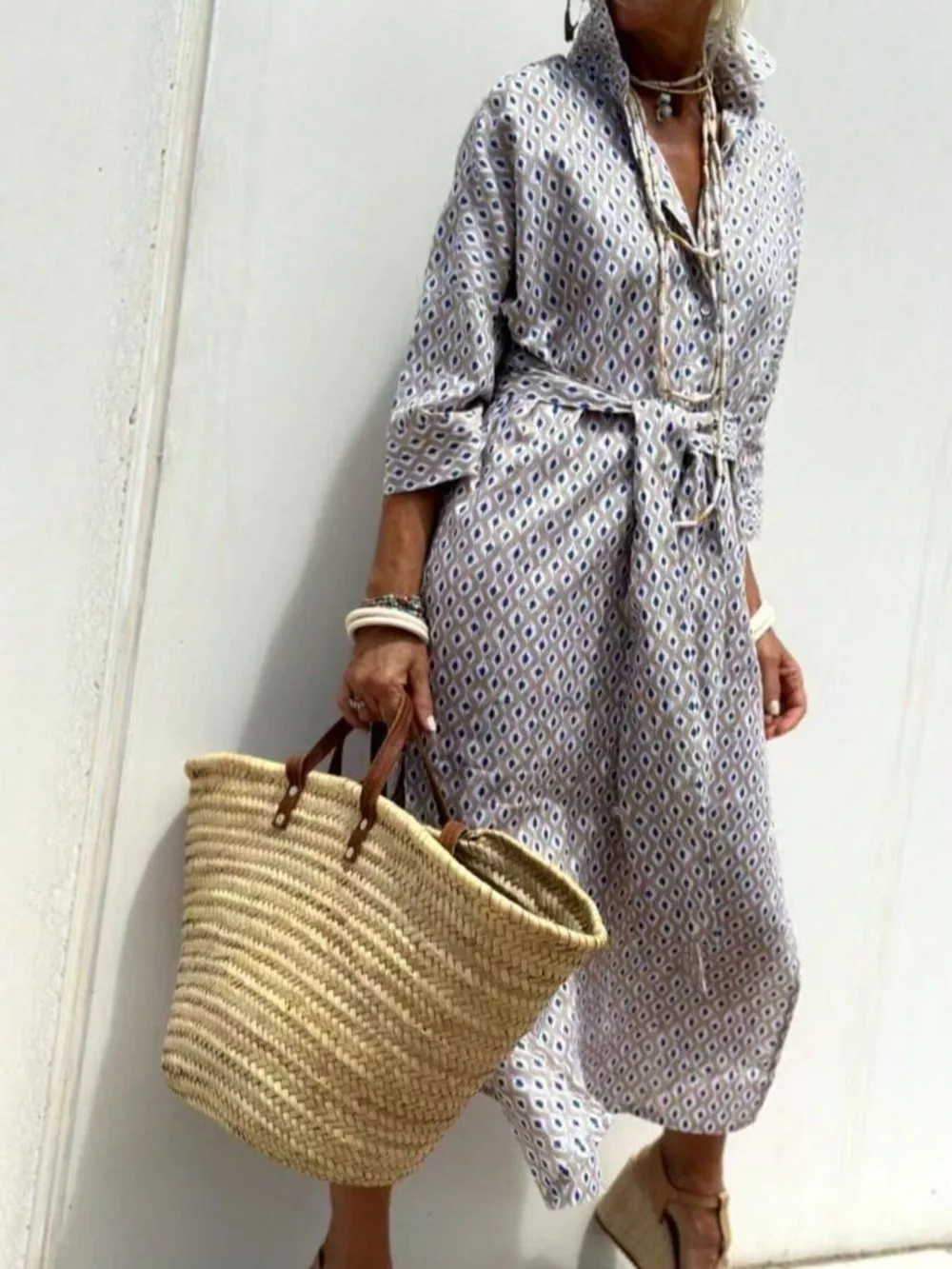 Full Size Printed Button-Down Midi Dress Plus Size, image 21
