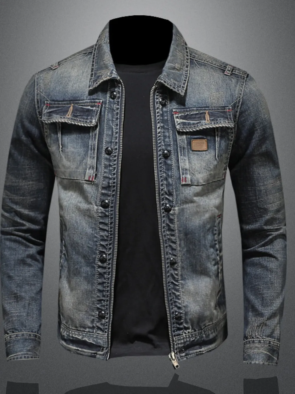 Men's Plus Size Washed Zip Up Denim Jacket with Chest Pockets, image 2