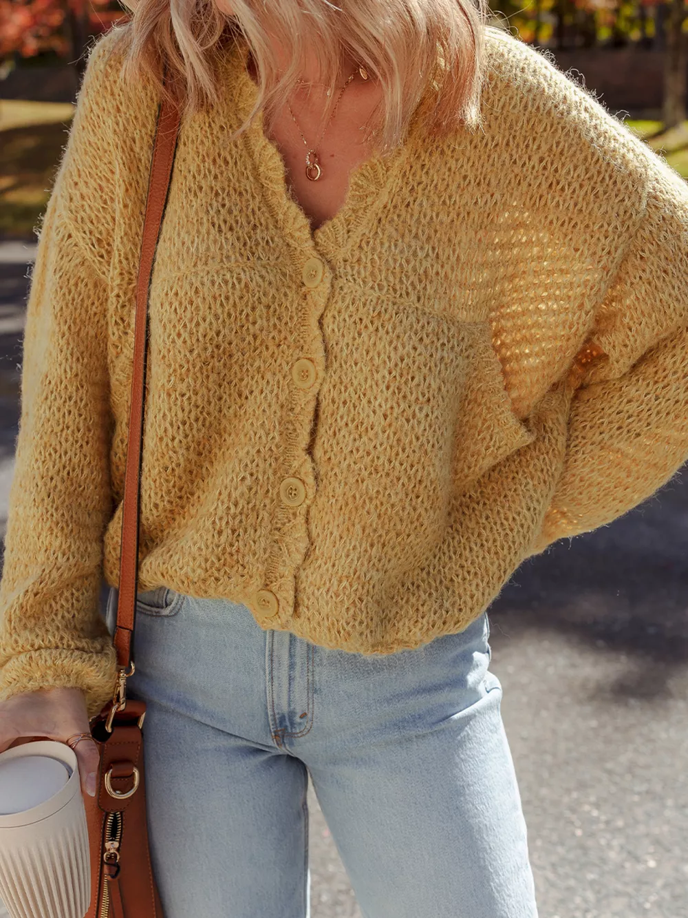 Lantern Sleeve Scallop V Neck Buttoned Front Cardigan, image 12