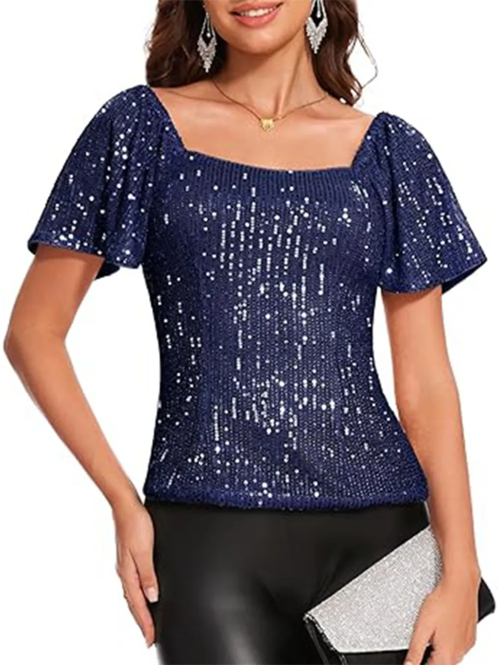 Square Neck Sequin Short Sleeve Blouse, image 3