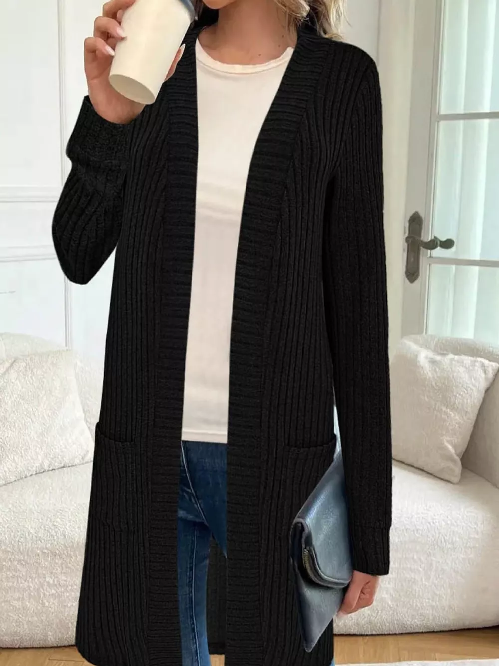 Ribbed Knit Open Front Cardigan