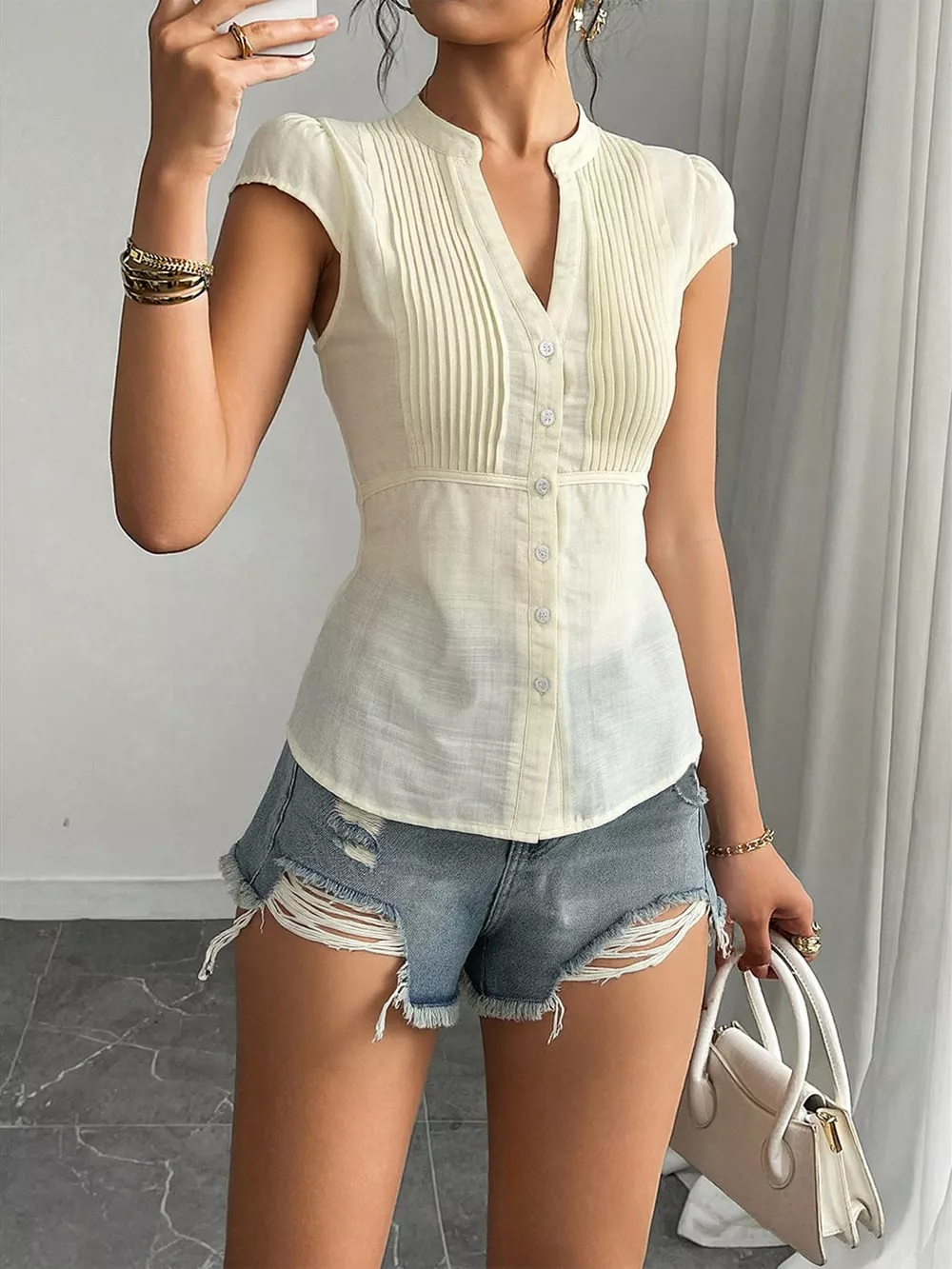 Button Up Cap Sleeve Shirt, image 2