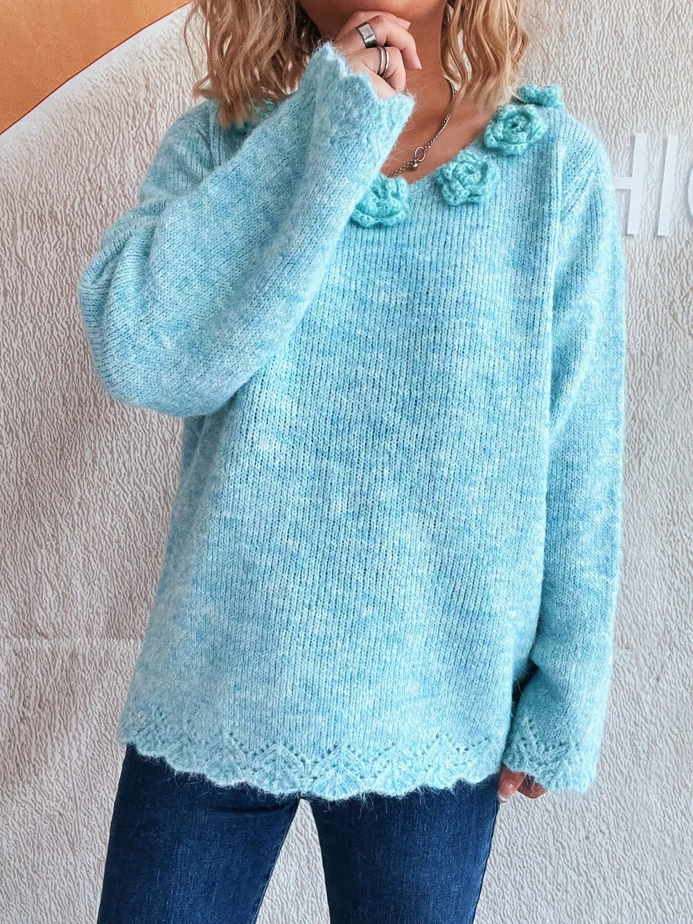 Flower V-Neck Long Sleeve Sweater, image 9