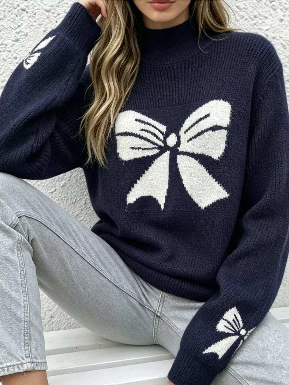 Bowknot Pattern Mock Neck Sweater, image 4