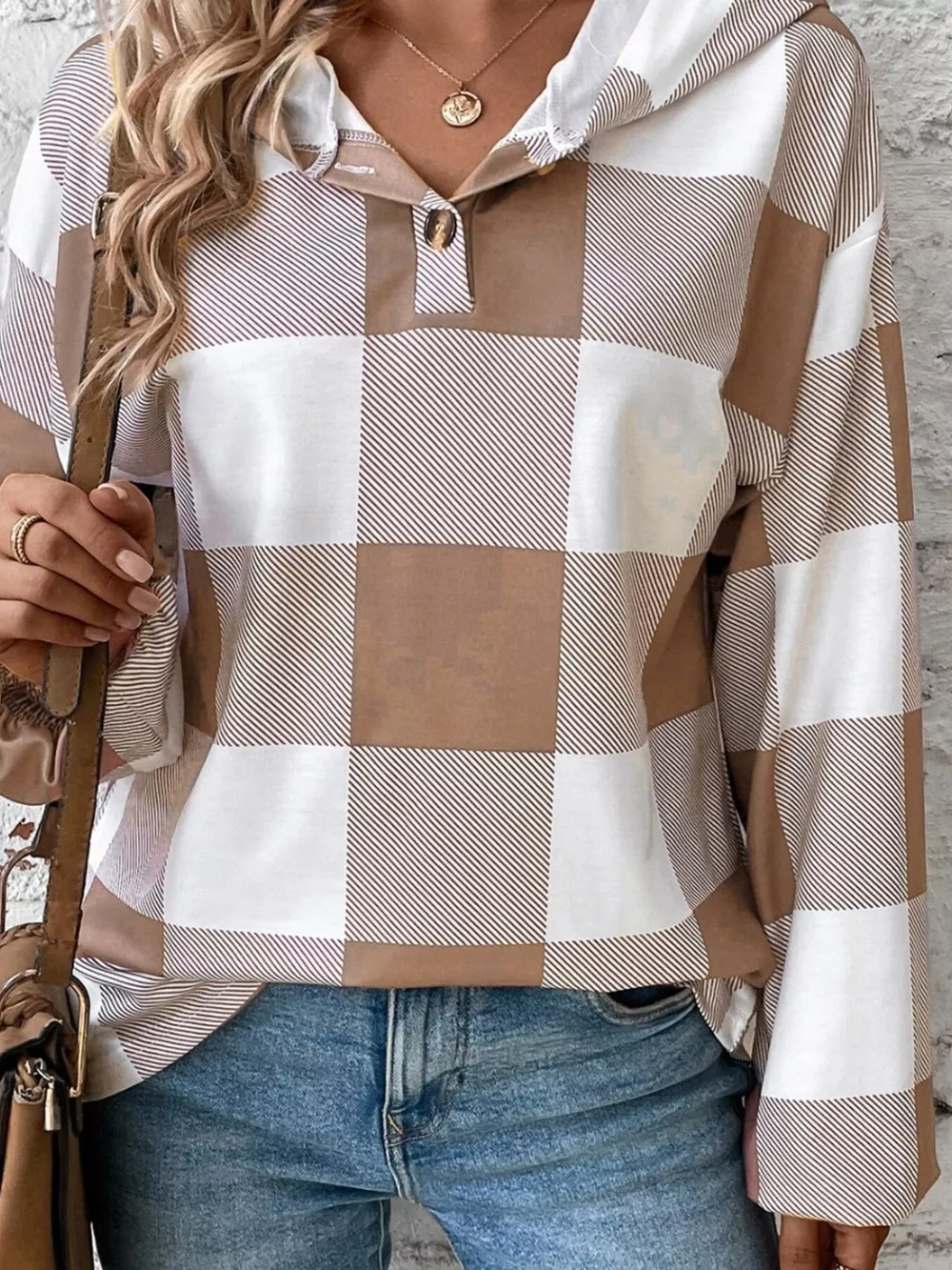 Casual Plaid Button Detail Hoodie, image 6