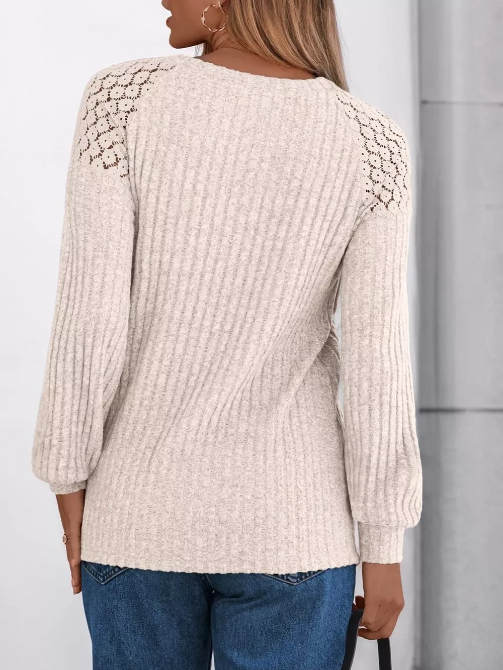 Ribbed Knit T-Shirt with Lace Shoulder Detail, image 29