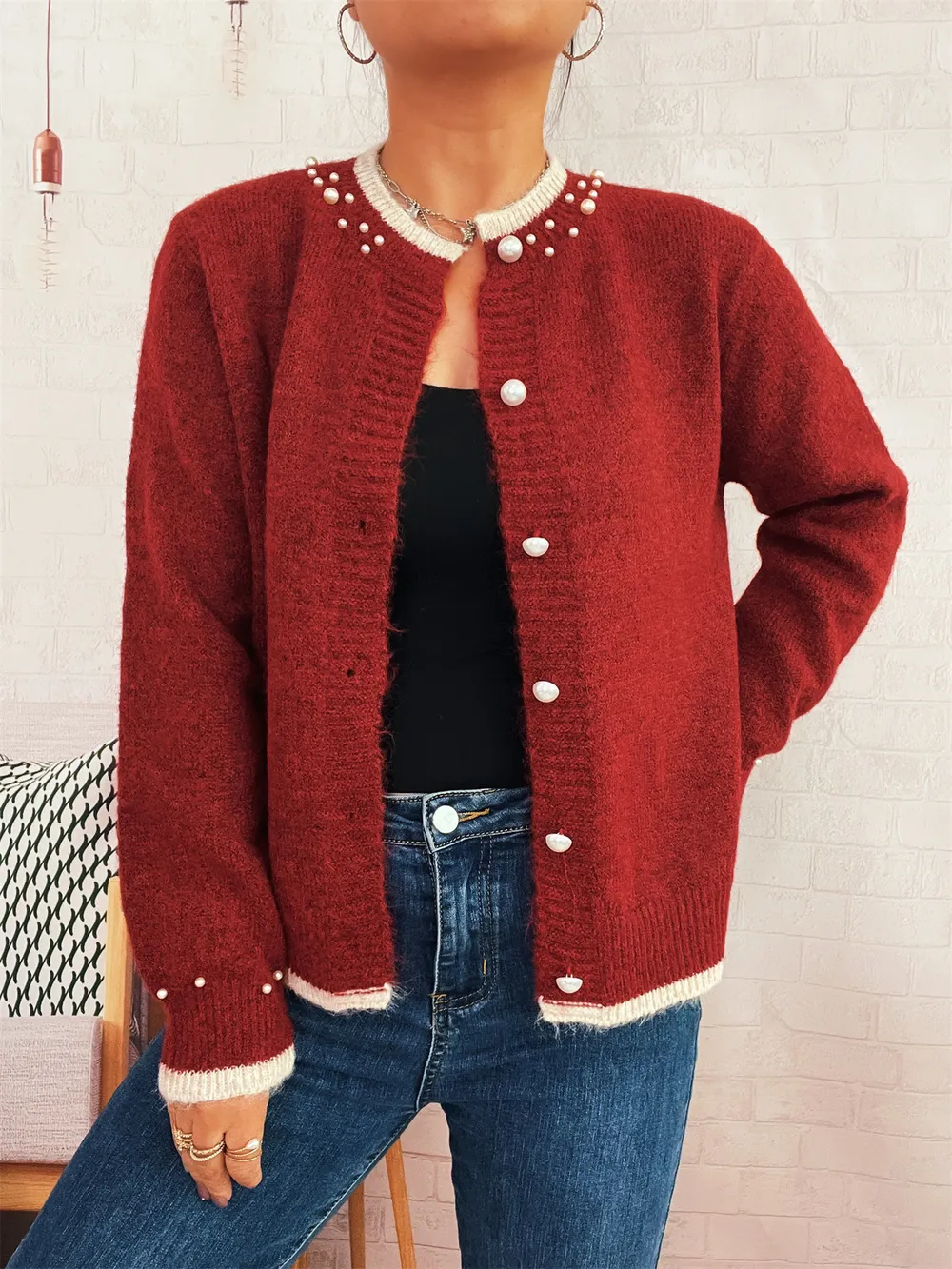 Pearl Embellished Button-Front Cardigan, image 5